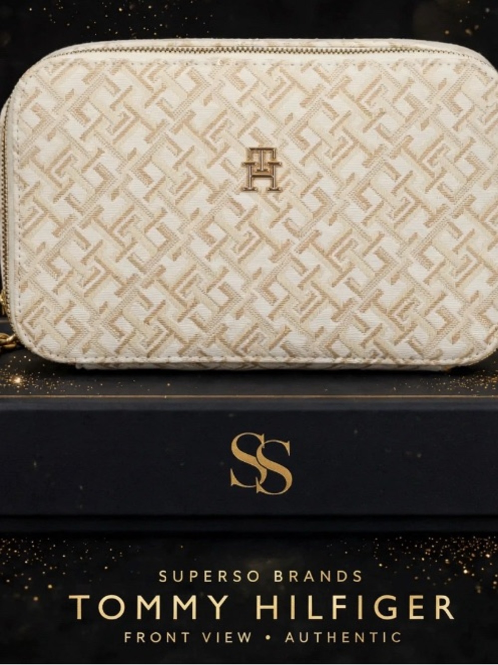 Tommy Hilfiger Cream & Beige Monogram Cosmetic Pouch with Gold TH Logo